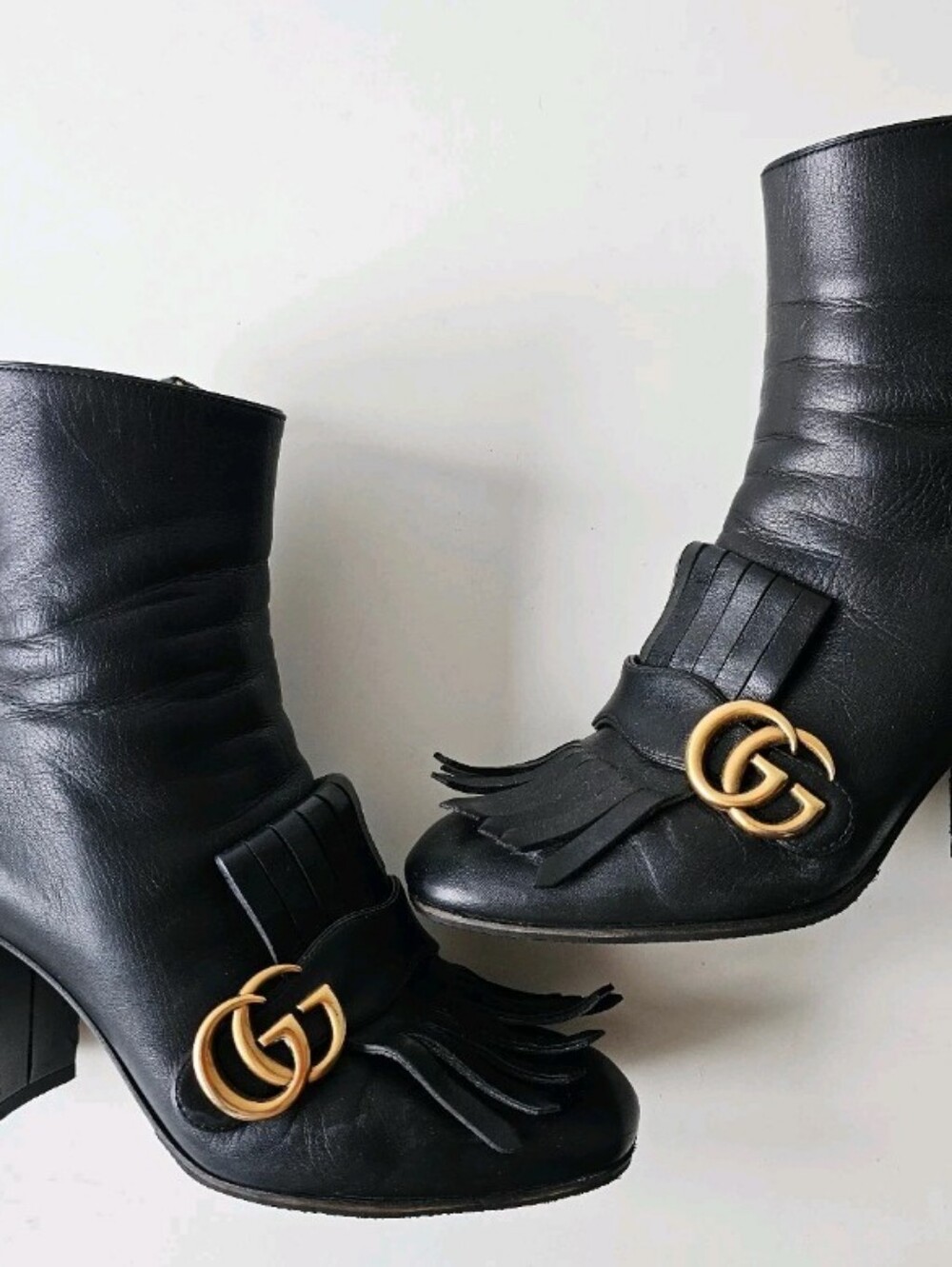 Gucci Marmont Gold GG Logo Black Leather Fringe Ankle Boots EU 38, US 7.5 - Picture 5 of 14